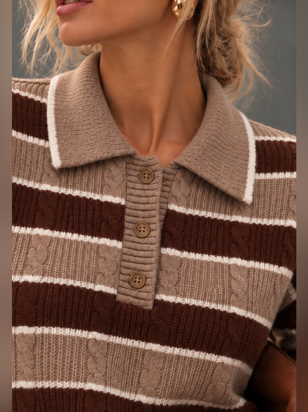Beautiful Caroline Constas Brown & White Striped Polo Sweater! - Picture 2 of 5